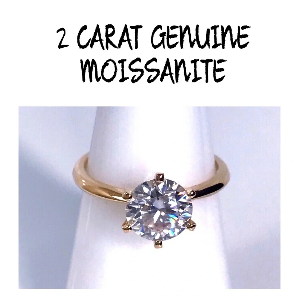 14KT 2 CARAT GENUINE MOISSANITE SOLID YELLOW GOLD SOLITAIRE RING NWOT - Picture 1 of 13